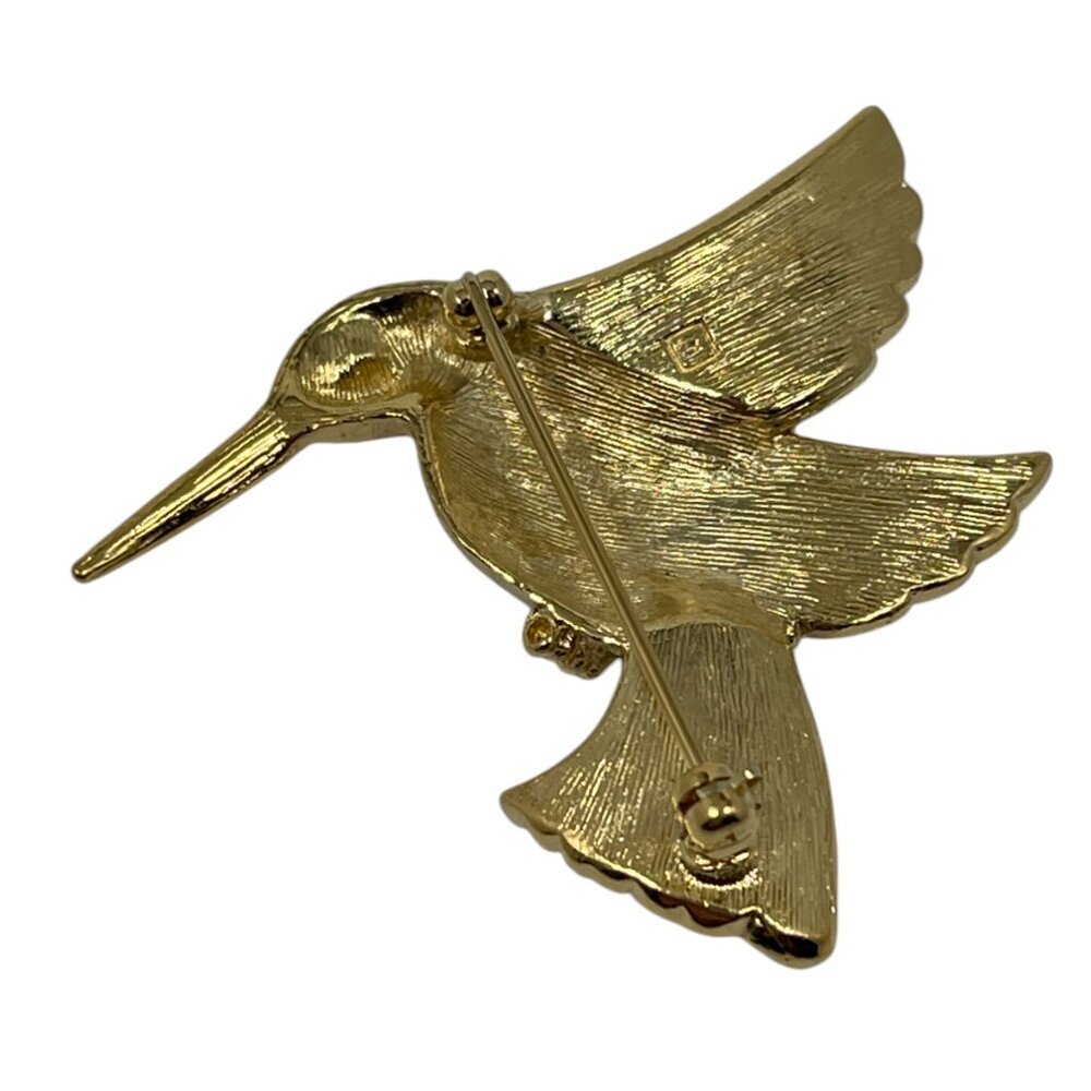 Avon Gold Tone Hummingbird Bird Brooch Pin Red Rhinestone Eye Textured Wings - Picture 2 of 4